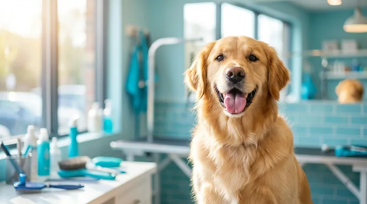 Cão feliz recém-tosado